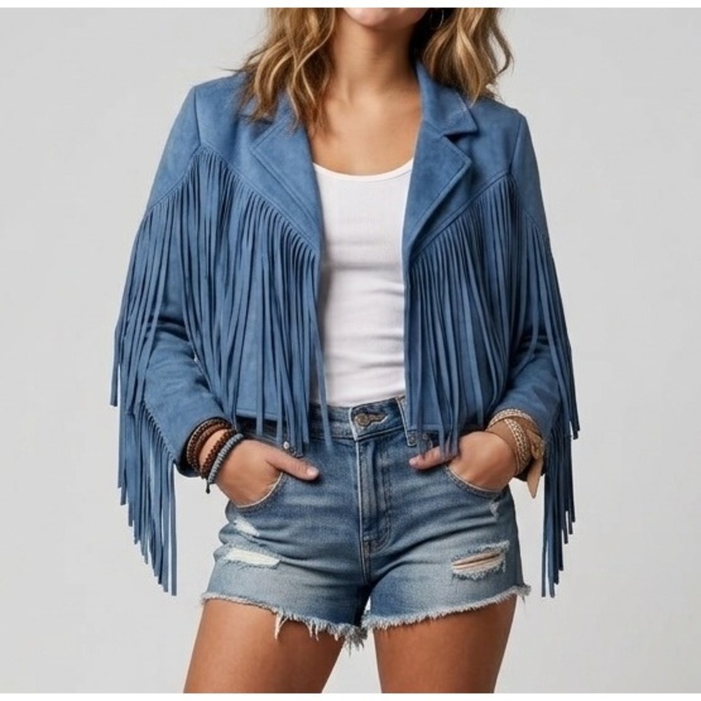 SAINTS & HEARTS Curvy Fringe Suede Jacket Womens 1X Blue Cropped Western Boho - Picture 1 of 10